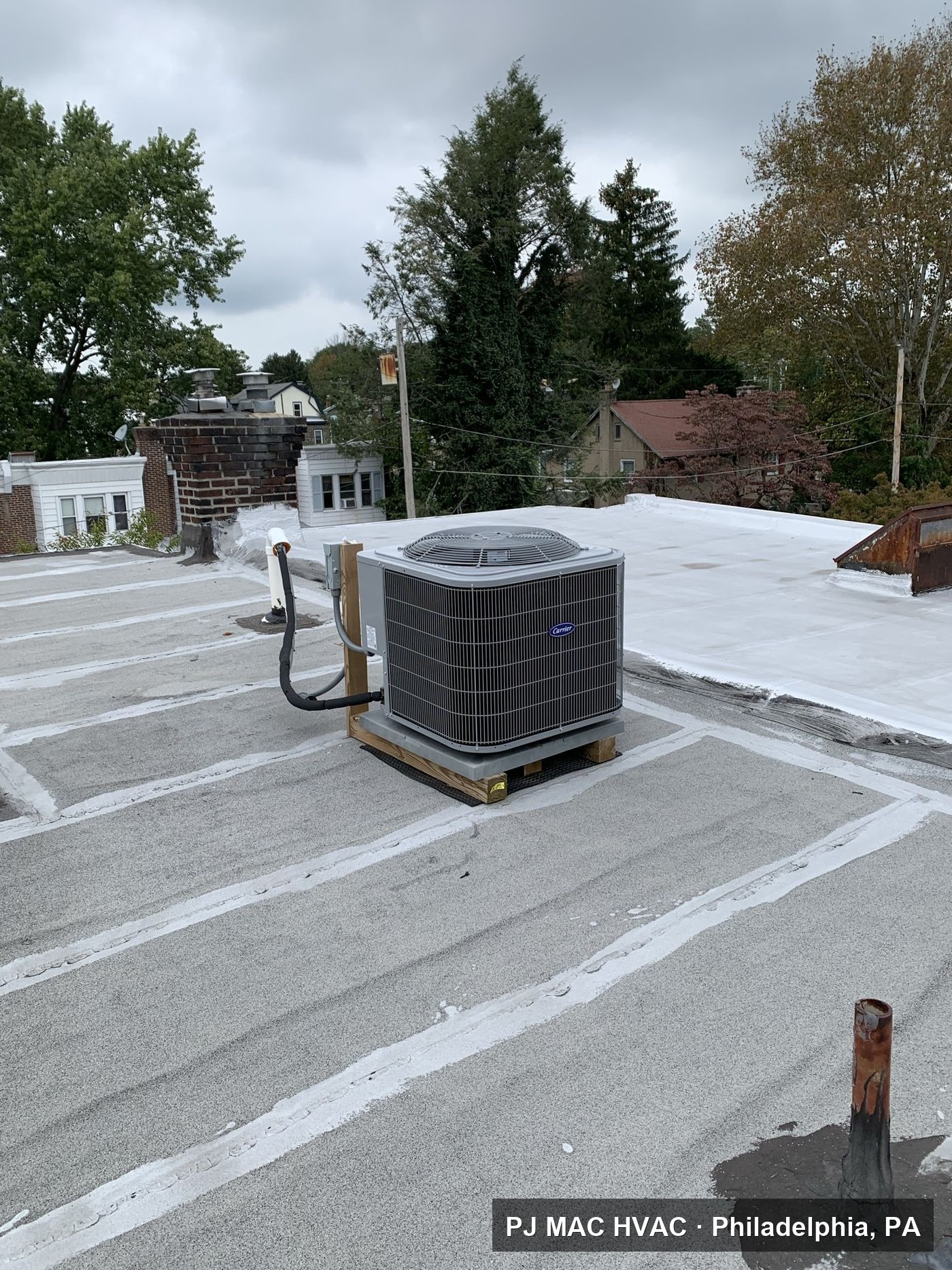 An air conditioning condenser installed by PJ MAC HVAC on the flat roof of a Philadelphia-area rowhome.