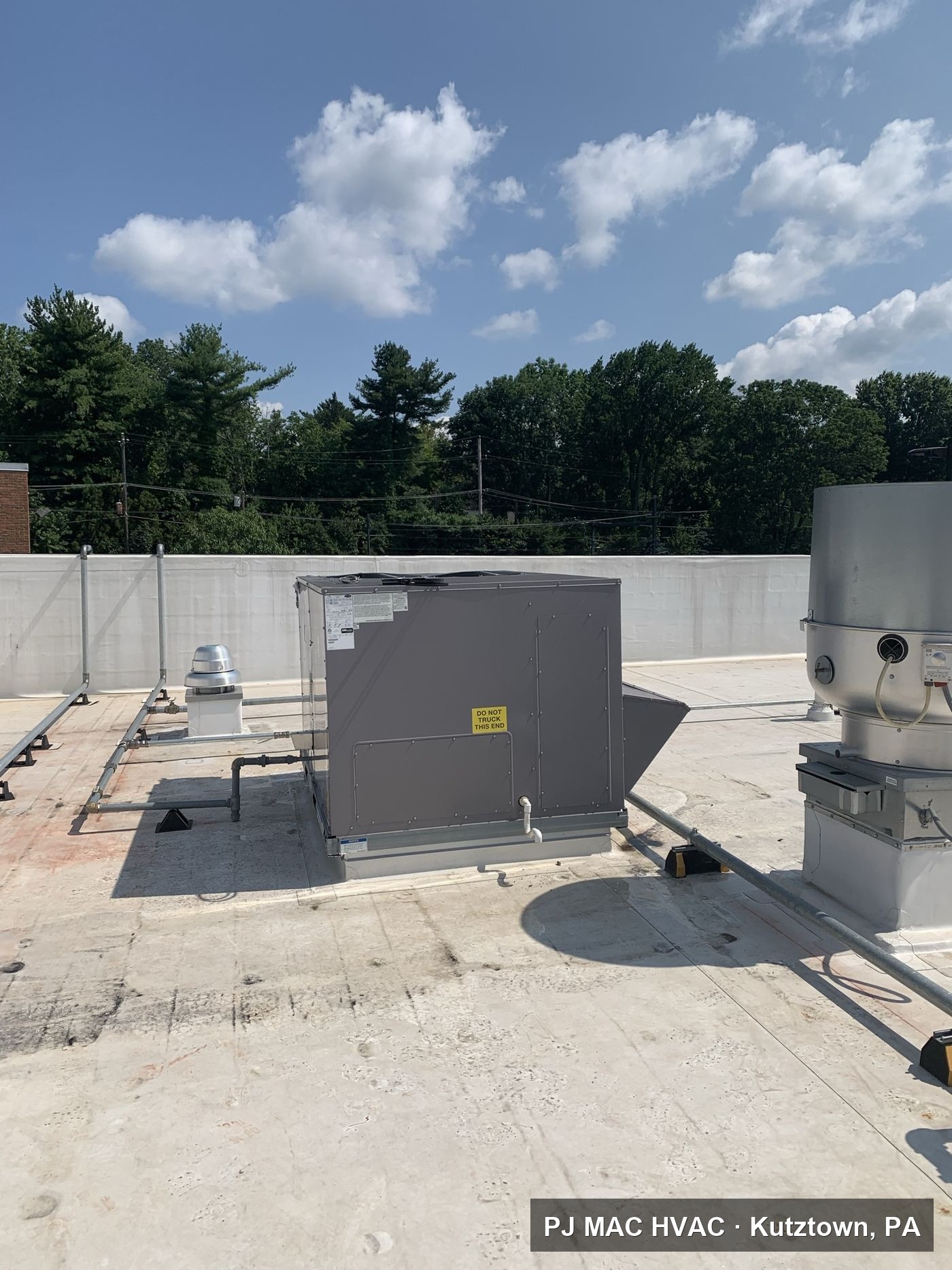 A new packaged rooftop HVAC unit installed by PJ MAC HVAC on a commercial building.